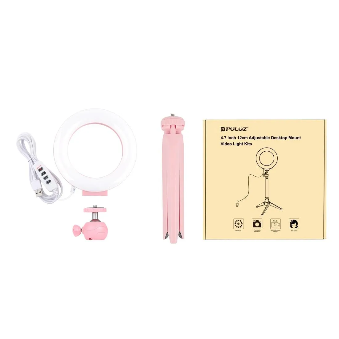 12cm Led Ring Light with Usb 3 Modes Dimmable Cold Shoe Tripod Ball Head - Pink