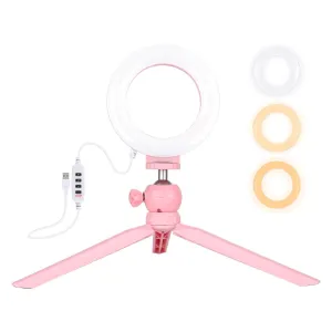 12cm Led Ring Light with Usb 3 Modes Dimmable Cold Shoe Tripod Ball Head - Pink
